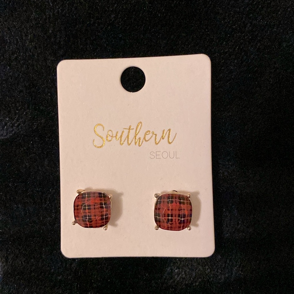 Red Plaid stud earrings with gold posts